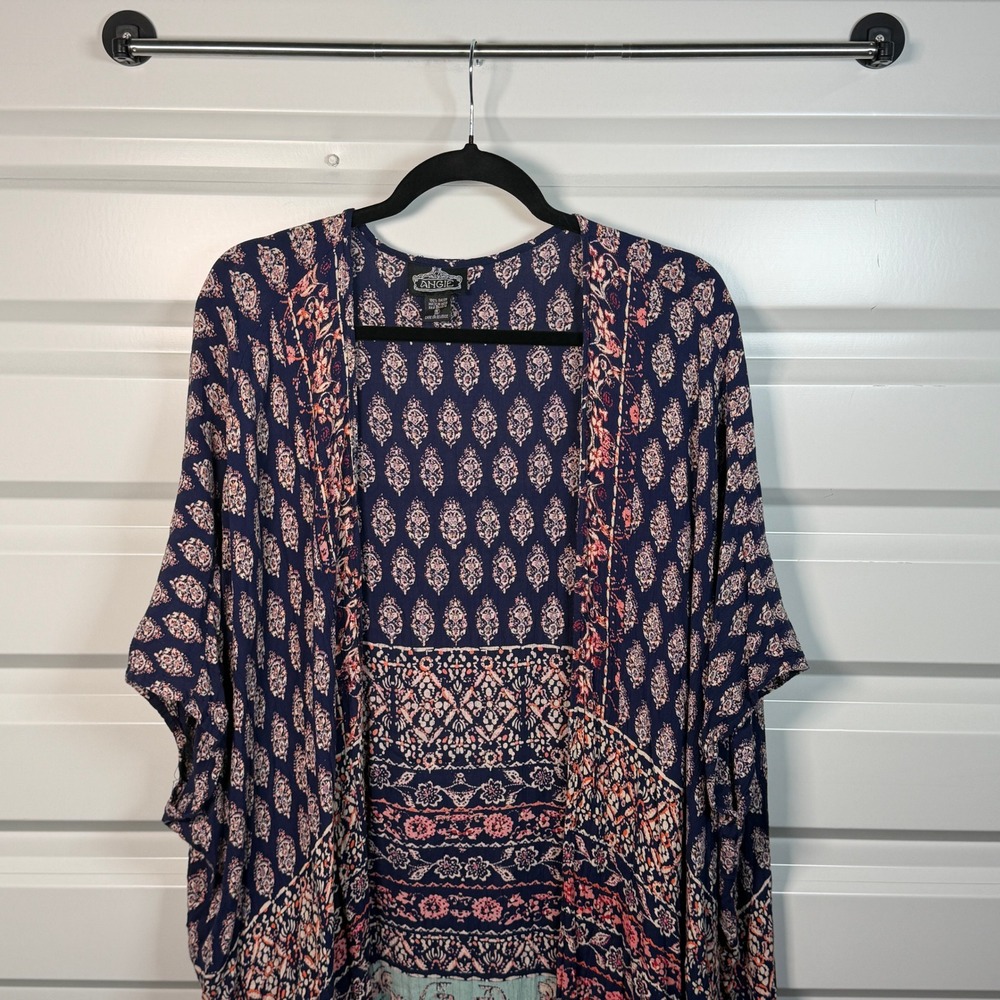 Angie Kimono Cardigan Women S Navy Blue Excellent Boho Paisley Floral Open Front